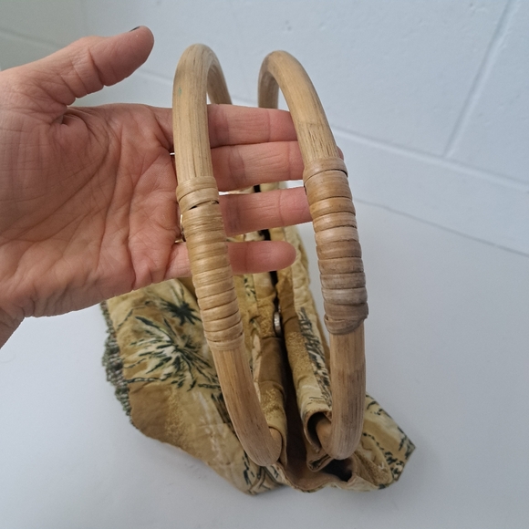 Vintage wood circle handle Hawaiian print beaded tassel fringe retro purse - Picture 10 of 16